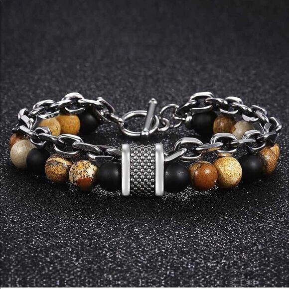 New Men’s Chain / Stone Double Strand Bracelet - Picture 1 of 4